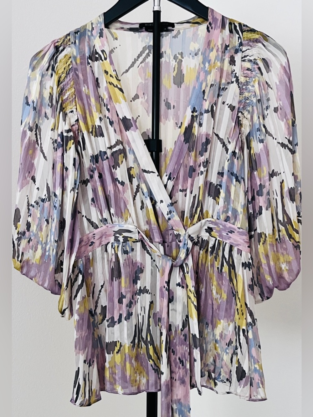 🌸 BCBGMAXAZRIA 100% Silk Watercolor Statement Blouse | Romantic + Dramatic